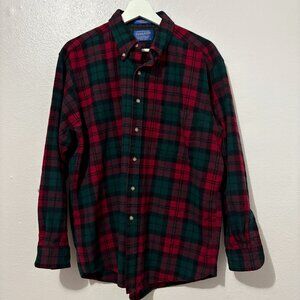 Vintage Pendleton Shirt Mens Red Green Plaid Button Up Pure Virgin Wool L